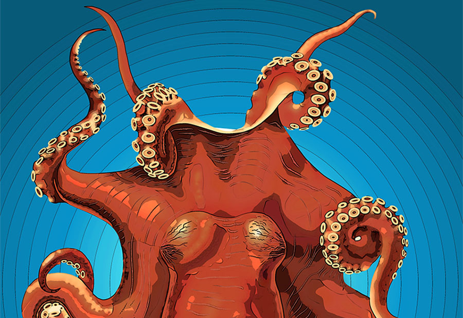 A bright red octopus on a blue background.